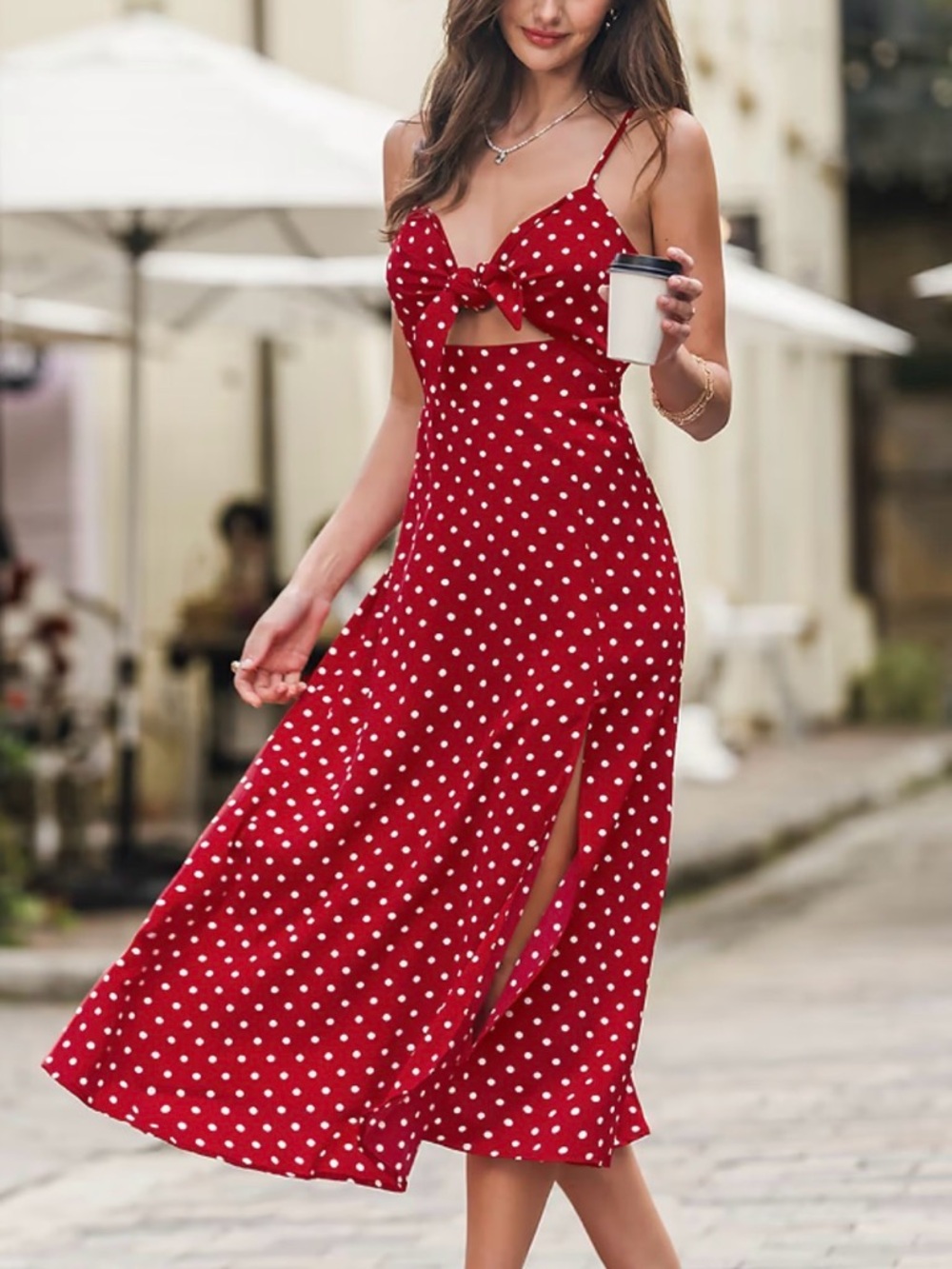 Cupshe Red Polka Dot Tie-Front Maxi Dress